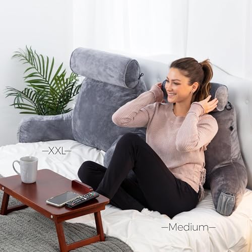 XXL Backrest Pillow for Adults - 30" Firm Support Bed Rest Pillow with Neck Roll - Dark Grey