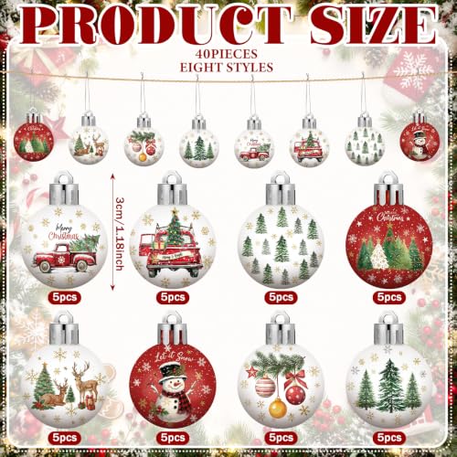 HyDren Farmhouse Christmas Ornaments 40-Pack - 8 Rustic Designs for Tree Decoration