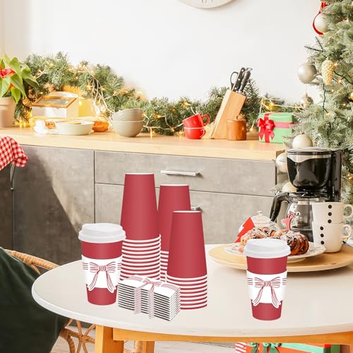 50 Pack Christmas Red Coffee Cups with Lids & Bow Sleeves 16oz Disposable Holiday Drinkware
