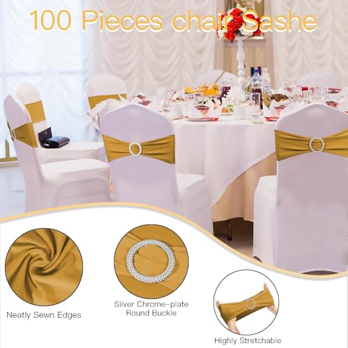 Gold Spandex Stretch Chair Sashes - 100 Pack with Buckle Slider