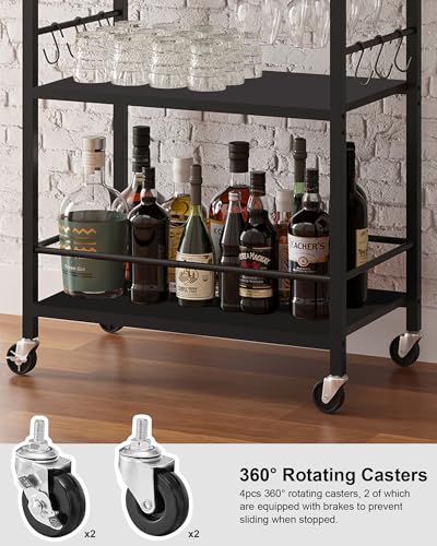 3-Tier Mobile Bar Cart with Wine Rack, Glass Holder, and 6 Hooks