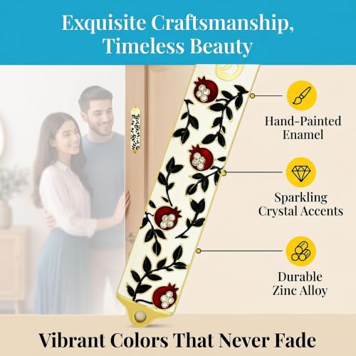 Enamel Mezuzah Case with Scroll, 3.9-inch Pomegranate Vine Design