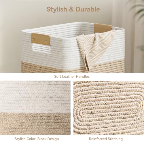 Nunsino 75L Cotton Rope Laundry Basket with Leather Handles – Large Storage Hamper