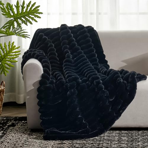 Cozy Bliss Faux Fur Throw Blanket for Couch - Soft Plush Striped, 50x60 Black