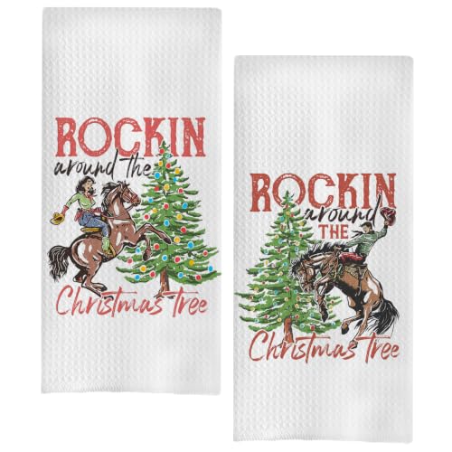 Western Christmas Kitchen Towels - Tree Hand Towels for Bathroom, Cowgirl Cowboy Decor, 16x24 (Set of 2) Santa-13