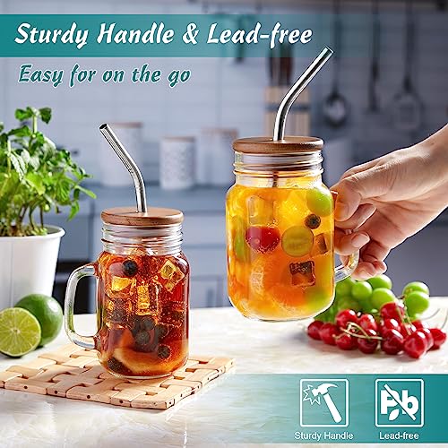 DRASTAR Clear 16 oz Mason Jar Coffee Cups Set of 2 with Handles & Lids