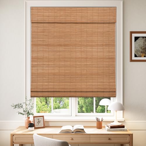 Cordless Blackout Bamboo Roman Shades 34x64 - Room Darkening Blinds