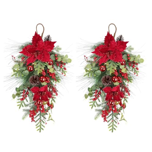 2 Pcs Christmas Teardrop Swag with Poinsettia, 26in - Large Red Poinsettia