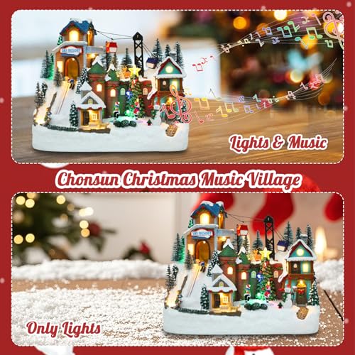 Chonsun 10.2 Inch Christmas Village House with Skiing & Skating Characters – USB Lighted Town Scene