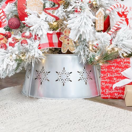 Silver Snowflake Farmhouse Christmas Tree Collar, 29-Inch Enamelware Base