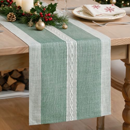 Artoid Mode 13" x 108" Green Braided Rustic Chenille Table Runner – Christmas Embroidered Home Kitchen Decor