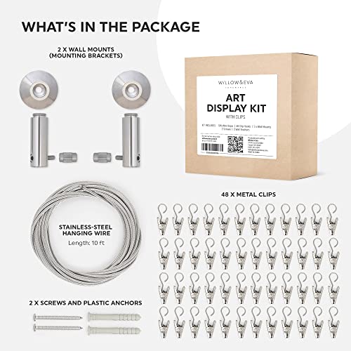 Kids Artwork Wall Display - 10ft Steel Cable with 48 Hanging Clips