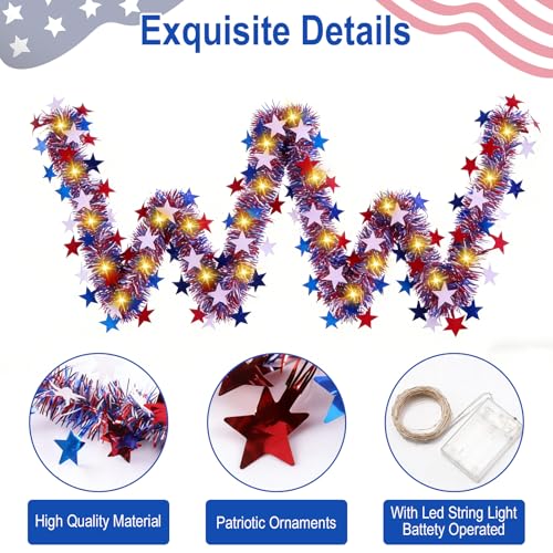 13ft 4th of July Lighted Tinsel Garland - Red White Blue Patriotic Party Decor