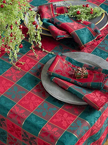 SARO LIFESTYLE Royal de Noel Plaid Tablecloth 65 x 90 in Red/Green with Gold Detail