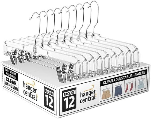 Hanger Central Premium 14-Inch Clear Pants Hangers - Adjustable Clips & Non-Slip Design | 12-Pack Heavy-Duty Closet Organizers