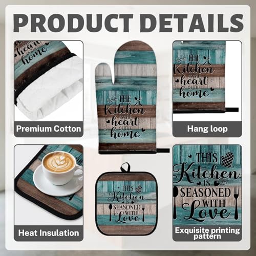 8-Piece Teal Rustic Kitchen Decor Set with Towels, Oven Mitts & Pot Holders
