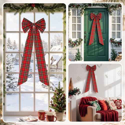 Junkin 20x12in Red Green Tartan Christmas Tree Topper Bow - 60in Overall For Large Trees