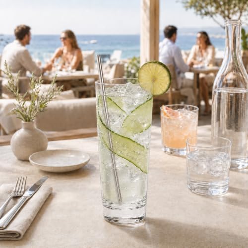 Restaurantware Moda Nude 12oz Crystal Collins Glasses Set of 6 - Dishwasher Safe, Heavy Base, Laser-Cut Rim, Fine-Blown Crystal
