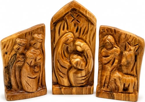 Olive Wood Nativity Set - Hand Carved 3-Piece Religious Christmas Decor