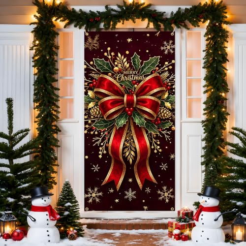 Christmas Door Cover 71x35in - Elegant Red Bow Holly Banner with Gold Snowflakes (Variation: Christmas red bow / 71x35 inches)