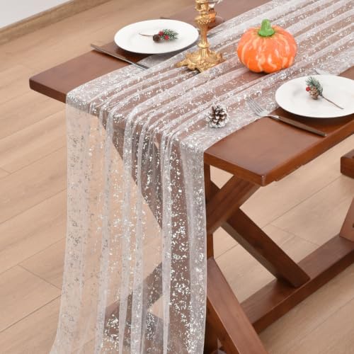 Joanlody Silver Glitter Tulle Table Runner 28x120 Inches - Winter Wedding & Holiday Decor, 4 Pack