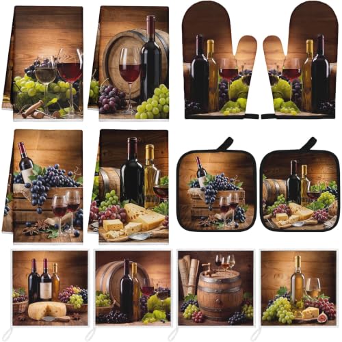 12-Piece Wine & Grapes Kitchen Decor Set: Towels, Mitts & Pot Holders