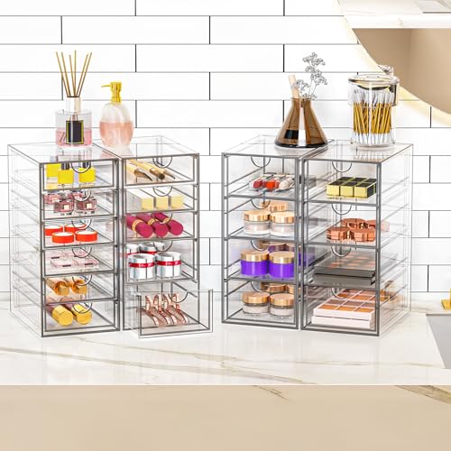 YFXCVSL 4 Pack Acrylic Makeup Organizer with 19 Drawers - Clear Storage Solution