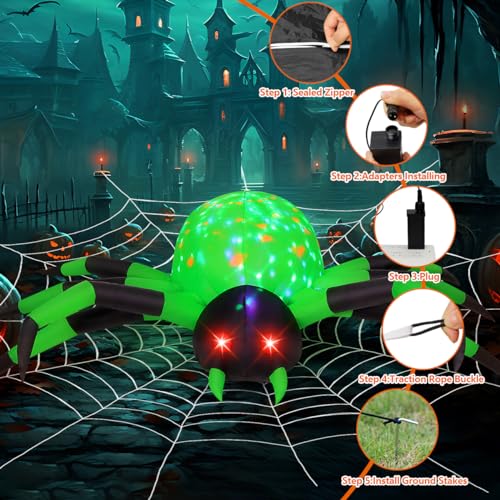 9FT Halloween Inflatable Green Spider Outdoor Lawn Decor with Built-In LEDs