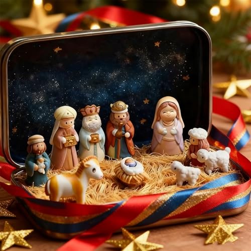 Handcrafted Mini Christmas Nativity Set in Tin Box - Pocket Size Figures