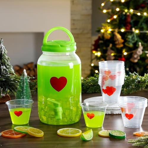 1 Gallon Christmas Punch Drink Dispenser Set with 25 Heart Print Cups