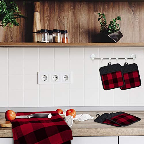 Buffalo Check Kitchen Towels & Pot Holders Set - Black and Red, 4 Pieces