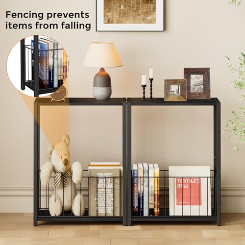 Homleke Narrow Black Side Table with Magazine Holder - Rustic End Table