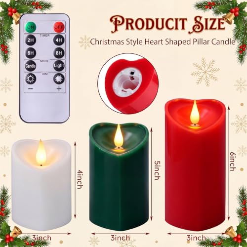 Retisee Christmas Heart Flameless Pillar Candles – 3-Piece Set with Timer, 4/5/6 Inch, Red/Green/White, Christmas Color
