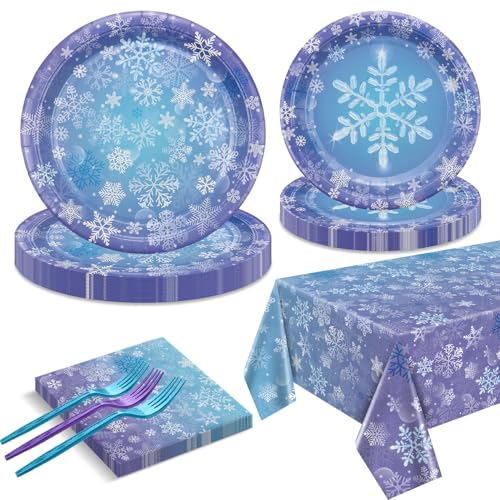 QUERICKY Winter Snowflake Party Supplies Set for 20 Guests - Princess & Holiday Decor, Includes Plates, Napkins, Forks, Tablecloth - Variation 81