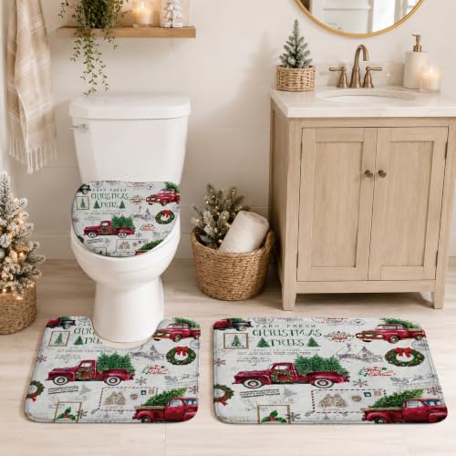 Christmas Red Truck Bathroom Set with Shower Curtain and Rugs - Holiday Decor, 72x72 (Variation: Christmas-6)