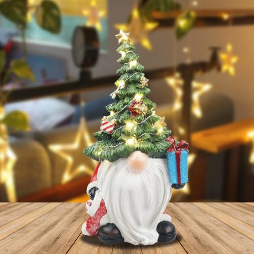 11-Inch Lighted Christmas Tree Gnome Figurine - LED Resin Holiday Table Decor