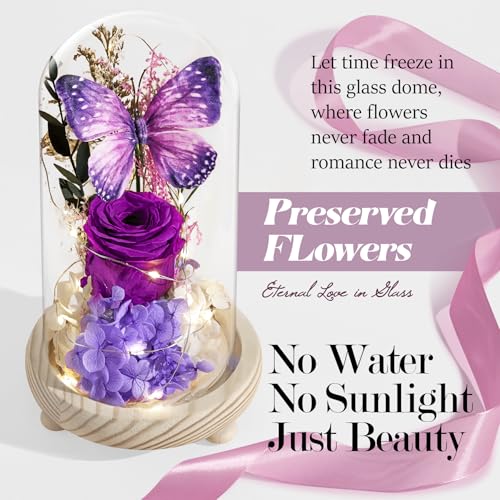 Preserved Purple Rose in Glass Dome with LED Light, Romantic Gift for Her