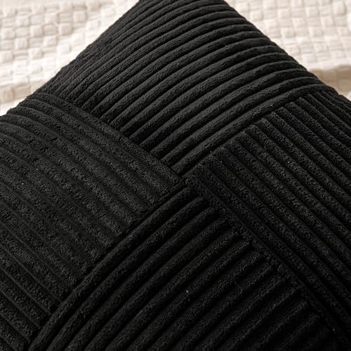 Black Corduroy Throw Pillow Covers 18x18 Inch, Set of 2 Patchwork Cushion Cases