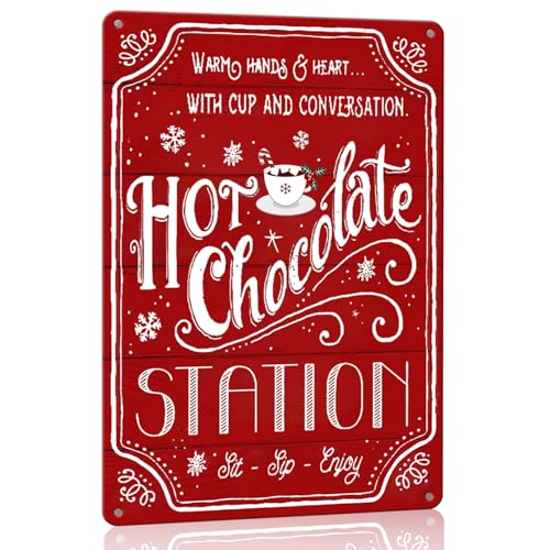 Red Hot Cocoa Bar Sign - 8x12 inch Christmas Tin Metal Decor