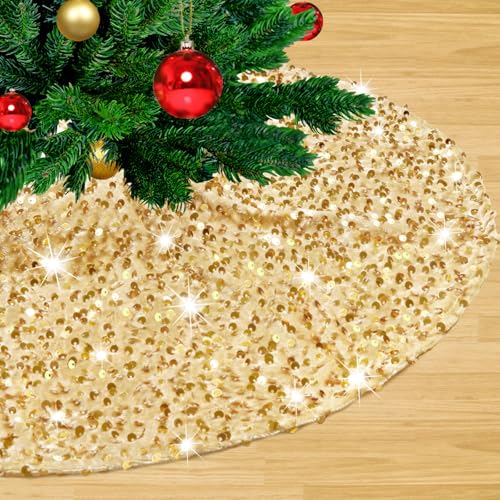 Gold Sequin Velvet Mini Christmas Tree Skirt - 24 Inch Xmas Tree Mat