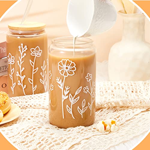 24 Pcs Boho Floral Glass Cups with Lids & Straws - 16 oz Coffee & Drinkware Set