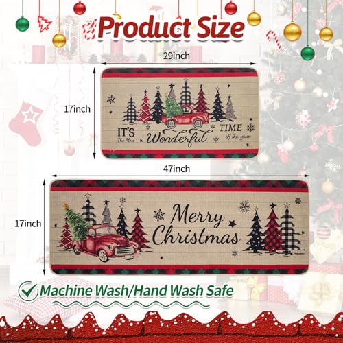 Christmas Kitchen Mats Set of 2 - Truck & Tree Runner Rugs, Brown