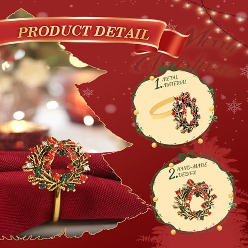 KPOSIYA Xmax Garland Christmas Napkin Rings Set of 10, Gold Metal Holiday Decor