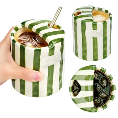 Alasynic Green Vintage Striped Ceramic Travel Mug 10oz - Cute Green Coffee Cup with Sip Hole