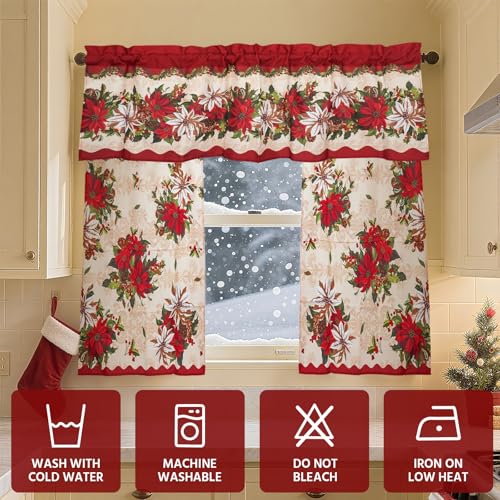 Red Christmas Flower Kitchen Curtains Set - Holiday Plaid & Snowflake Valances
