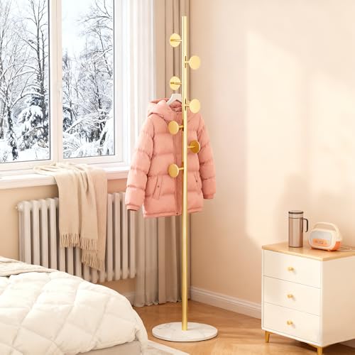 Freestanding Gold Coat Rack with Marble Base & 7 Hooks - 67 Inch