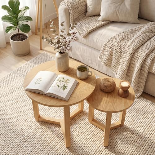 2-Piece Round Nesting Coffee Table Set, Solid Wood Tripod Side Tables