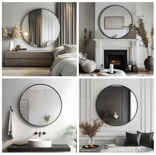 24-Inch Round Wall Mirror with Matte Black Metal Frame for Bathroom
