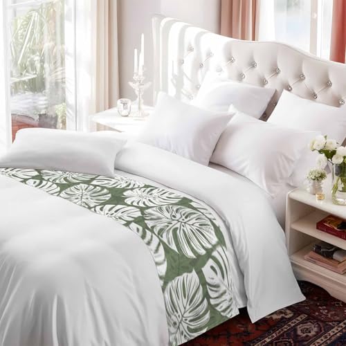 Tropical Palm Leaf Bed Runner - Satin Decorative Scarf for Twin Beds, 71x20"