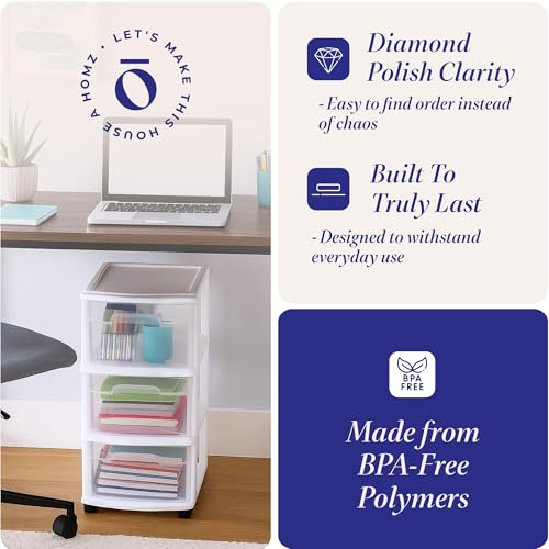 3-Tier Rolling Storage Cart with Clear Plastic Drawers, White Organizer